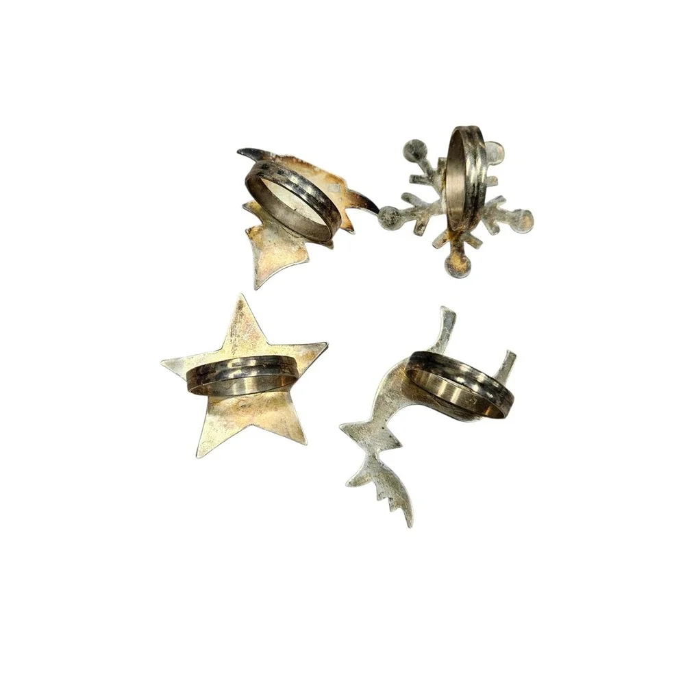 Silver Holiday Napkin Rings Set 4 Christmas Star Tree Snowflake Reindeer Festive